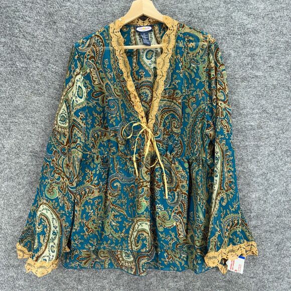 New Zoey Beth Blouse Women 2X Plus Blue Paisley V-Neck Tasseled Long Sleeve - Picture 1 of 7